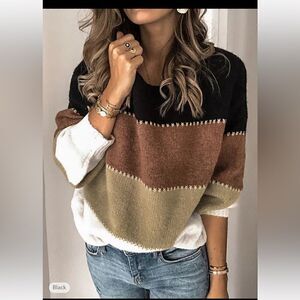 NWT brown Sweater Knitted Cream Patchwork fall pumpkin farm womens Large‎